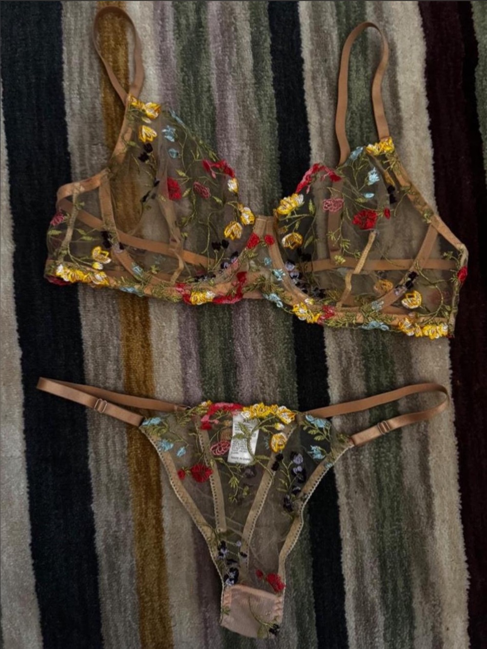 Sheer Floral Embroidered Bra & Thong Set - Tan with Multicolor Flowers